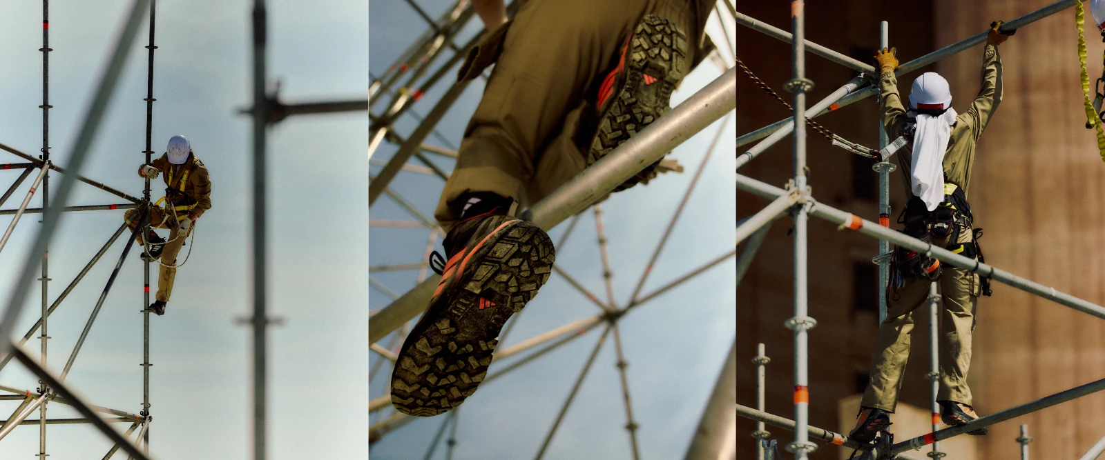 Adidas werkschoenen en vakmensen op de bouwplaats
